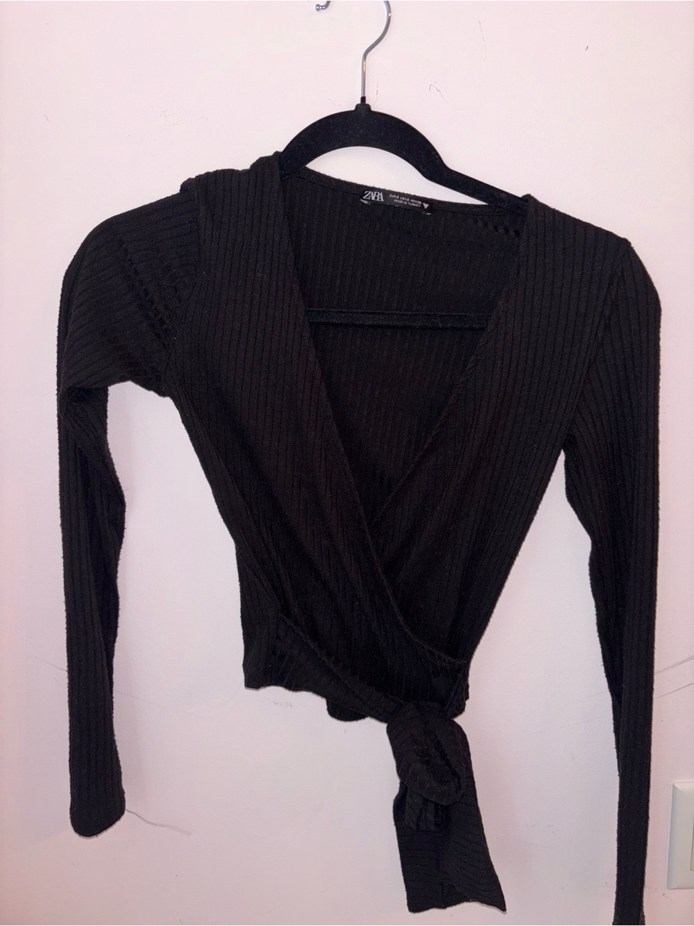 Zara Black Ribbed Wrap V-Neck Tie Waist Top